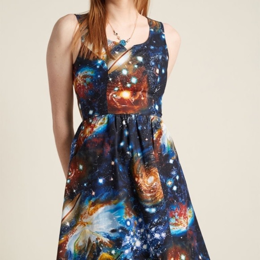 MODCLOTH Vivid Space Cosmic Print A-Line Dress Size Small Look! - Picture 2 of 10